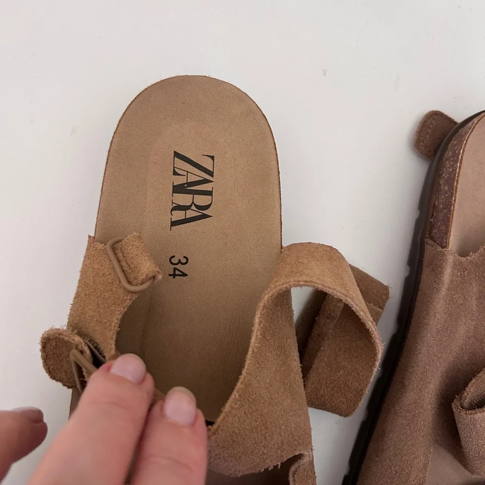 Zara Kids Tan Suede Double-Buckle Slide Sandals